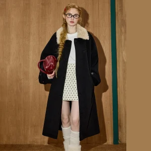 2025 Winter Women's Minimalist Long Wool Coat Oversized Knee Length Overcoat Fur Collar Trench Style Classic Elegant Outerwear