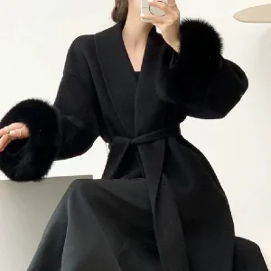 Retro Black Fur Patchwork Woolen Coat Women Chic Full Sleeve V-neck Lace Up Loose Overcoat 2025 Lady Winter Commute Outerwear