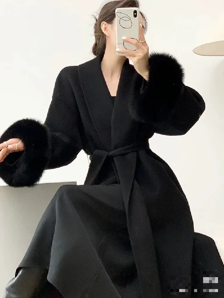 Retro Black Fur Patchwork Woolen Coat Women Chic Full Sleeve V-neck Lace Up Loose Overcoat 2025 Lady Winter Commute Outerwear
