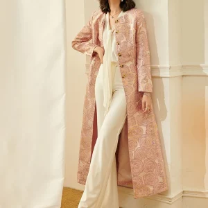 Luxury Women Long Trench Jacquard Coat Button Front Overcoat Fall Winter Floral Elegant Jackets Outerwear Party Outfit Clothes