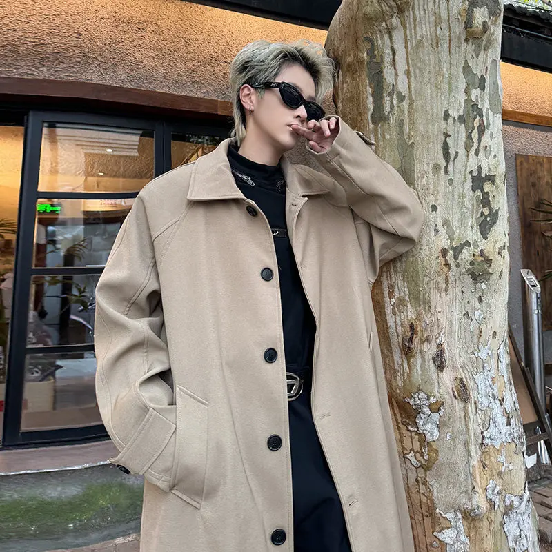 Khaki Trench Coat Men's Medium and Long Autumn British Yuppie Korean and High-end Ruffian Handsome Over The Knee Versatile Coats