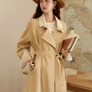 MISHOW Trench Coat Women 2025 Autumn Fashion Light Khaki Lace Long Windbreaker Jacket Long-sleeved Coat with Belt MXE45W0830