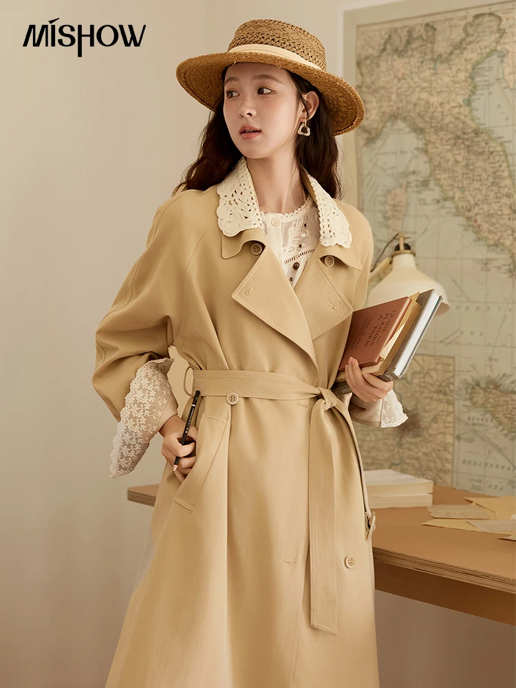 MISHOW Trench Coat Women 2025 Autumn Fashion Light Khaki Lace Long Windbreaker Jacket Long-sleeved Coat with Belt MXE45W0830
