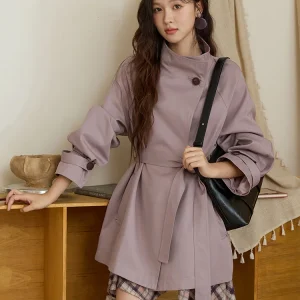 MISHOW Women Stand Up Collar Trench 2025 Autumn Cotton Fashionable Long Sleeve Streetwear Medium Long Trench Coat MXE44W0813
