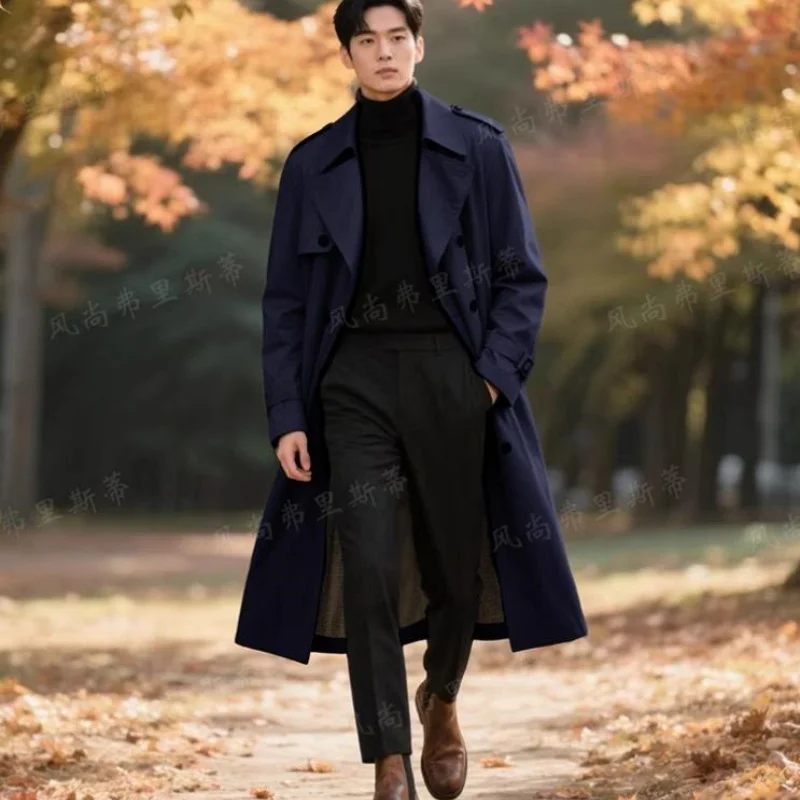 Men's Double-breasted Oversized Trench Coat Business Casual Lengthen Handsome Spring Autumn Fashion Outerwear - Image 4