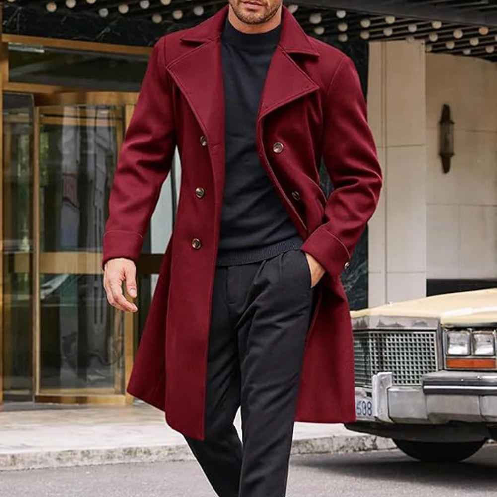 Men Casual Mid-length Faux Woolen Coat Business Double-breasted Trench Jackets