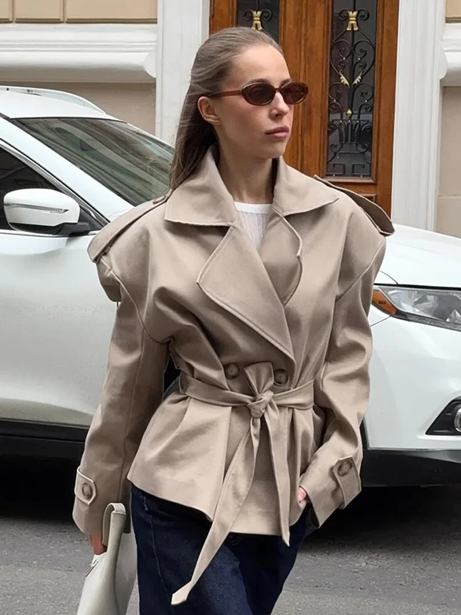Blubelle Women's New Autumn Fashion Khaki Trench Long Sleeve Belted Temperament Lapel Jackets Waist Cinching Trench Coat