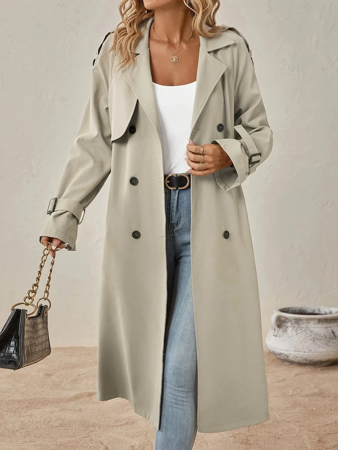 2024 Fashion Trench Jackets Long Pattern Female Solid Color Coat Classic Lapel Long Sleeve with Belt Spring Autumn Casual Street - Image 3