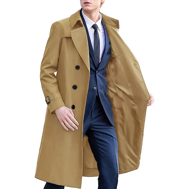 New Men's Autumn Casual Lapel Double-breasted Mid-length Overcoat Male Classic Solid Outdoor Trench Coat Classic Windbreaker