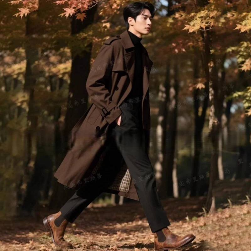 Men's Double-breasted Oversized Trench Coat Business Casual Lengthen Handsome Spring Autumn Fashion Outerwear - Image 5