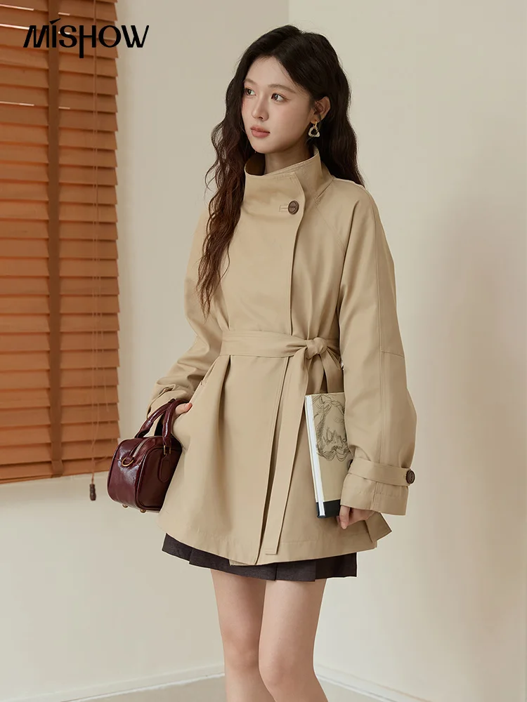 MISHOW Women Stand Up Collar Trench 2025 Autumn Cotton Fashionable Long Sleeve Streetwear Medium Long Trench Coat MXE44W0813 - Image 3