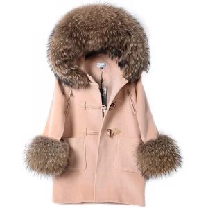 2024 MAOMAOKONG New Real Natural Raccoon Fur Collar Wool Blends Female Coat Winter Women Jacket Overcoat Woolen Coat