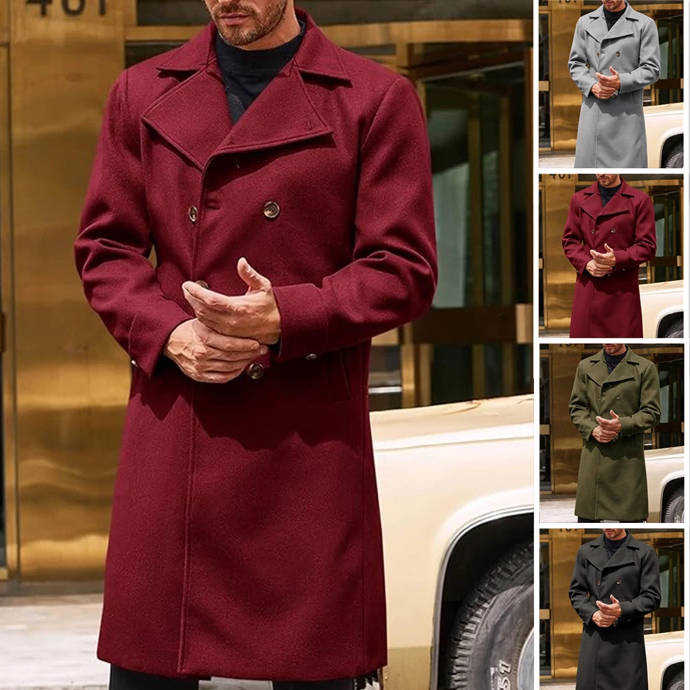 Men Casual Mid-length Faux Woolen Coat Business Double-breasted Trench Jackets - Image 2