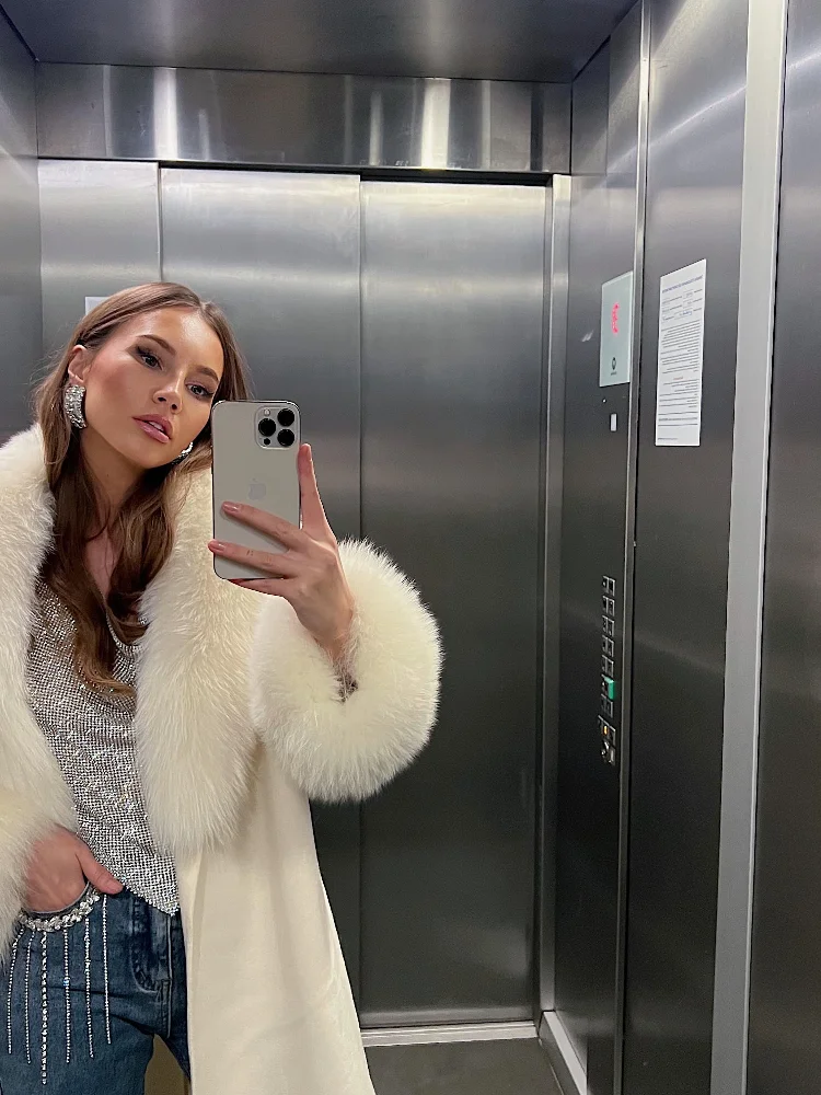 Retro Black Fur Patchwork Woolen Coat Women Chic Full Sleeve V-neck Lace Up Loose Overcoat 2025 Lady Winter Commute Outerwear - Image 4