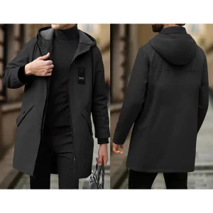Men s Classic Double-Breasted Trench Coat with Belt Long Sleeve Hooded Windbreaker Business Outwear for Fall and Winter