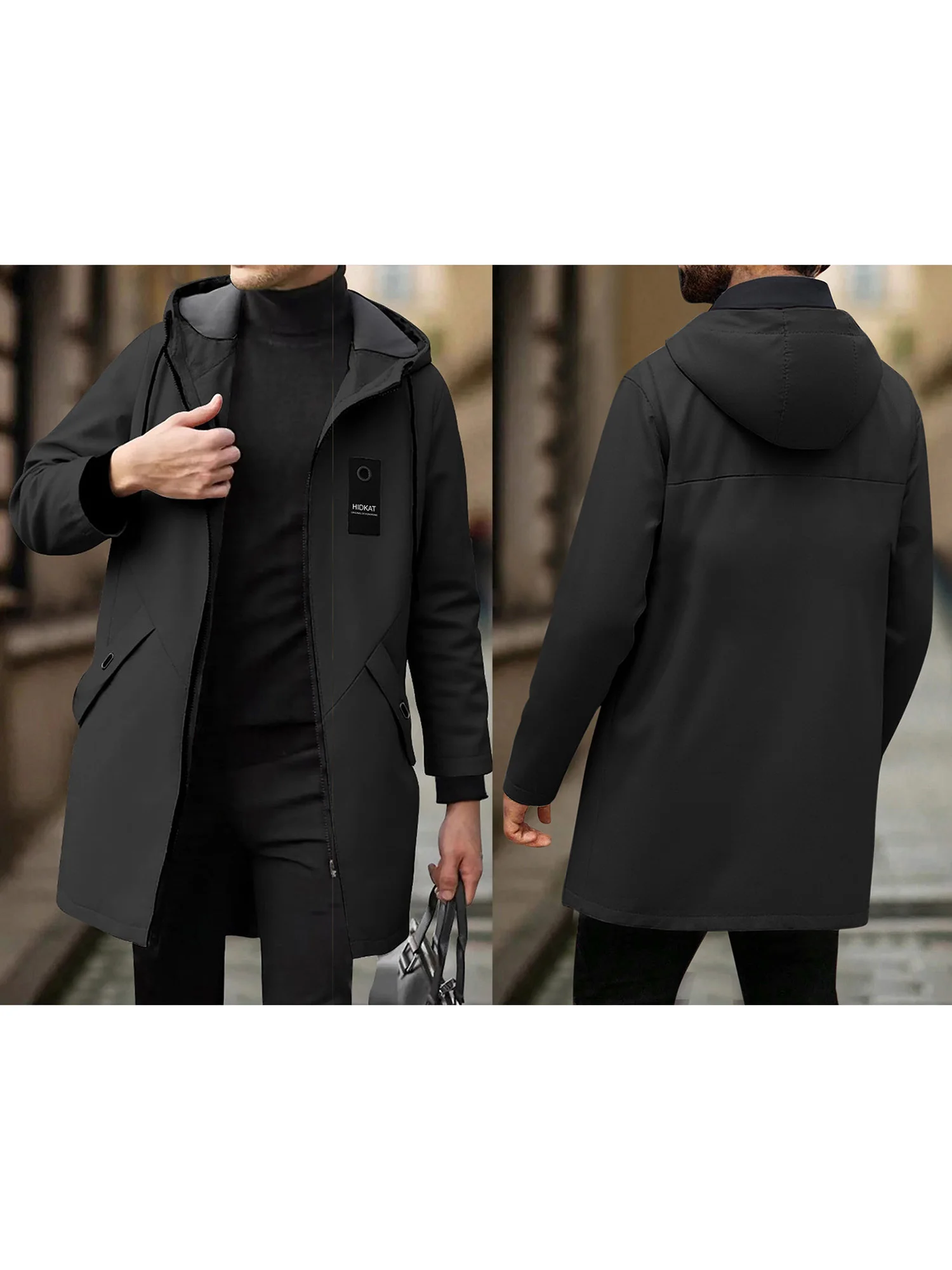 Men s Classic Double-Breasted Trench Coat with Belt Long Sleeve Hooded Windbreaker Business Outwear for Fall and Winter