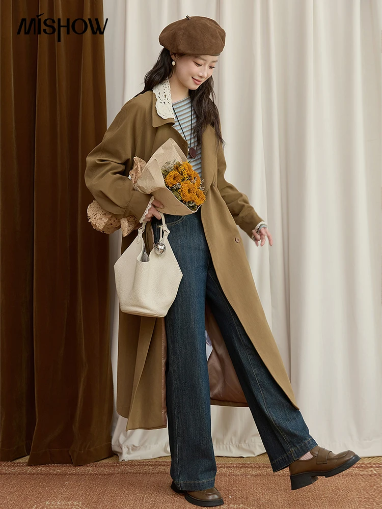 MISHOW Trench Coat Women 2025 Autumn Fashion Light Khaki Lace Long Windbreaker Jacket Long-sleeved Coat with Belt MXE45W0830 - Image 4