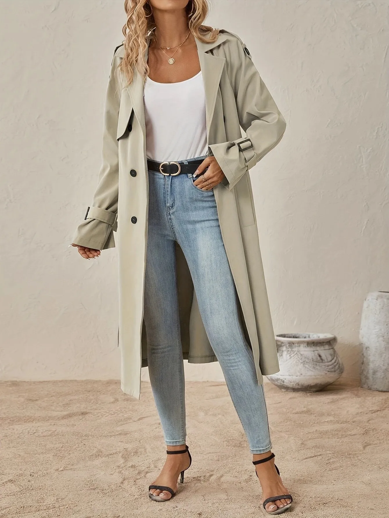 2024 Fashion Trench Jackets Long Pattern Female Solid Color Coat Classic Lapel Long Sleeve with Belt Spring Autumn Casual Street - Image 2