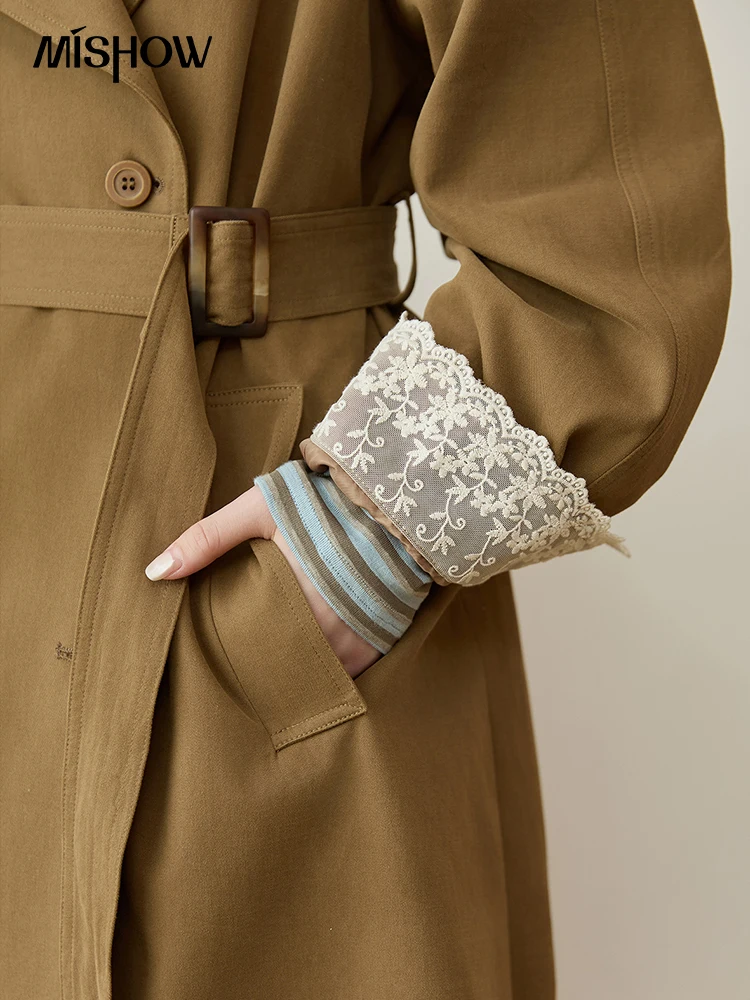 MISHOW Trench Coat Women 2025 Autumn Fashion Light Khaki Lace Long Windbreaker Jacket Long-sleeved Coat with Belt MXE45W0830 - Image 3