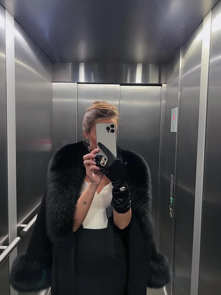 Retro Black Fur Patchwork Woolen Coat Women Chic Full Sleeve V-neck Lace Up Loose Overcoat 2025 Lady Winter Commute Outerwear - Image 2