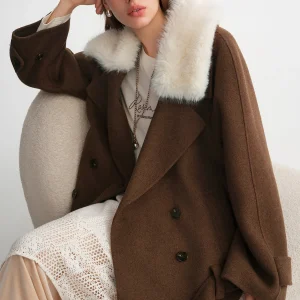 DUSHU Plus Size 2025 Women Detachable Faux Fur Collar Wool Coat Maillard Brown Overcoat Winter Warm Trench Vintage Outerwear