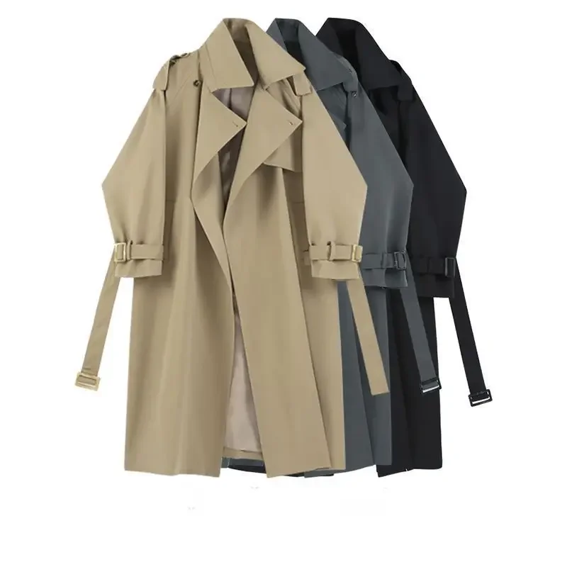 Spring Autumn Fashion Trench Jackets Long Pattern Female Solid Color Coat Classic Lapel Long Sleeve with Belt Casual Street Wear