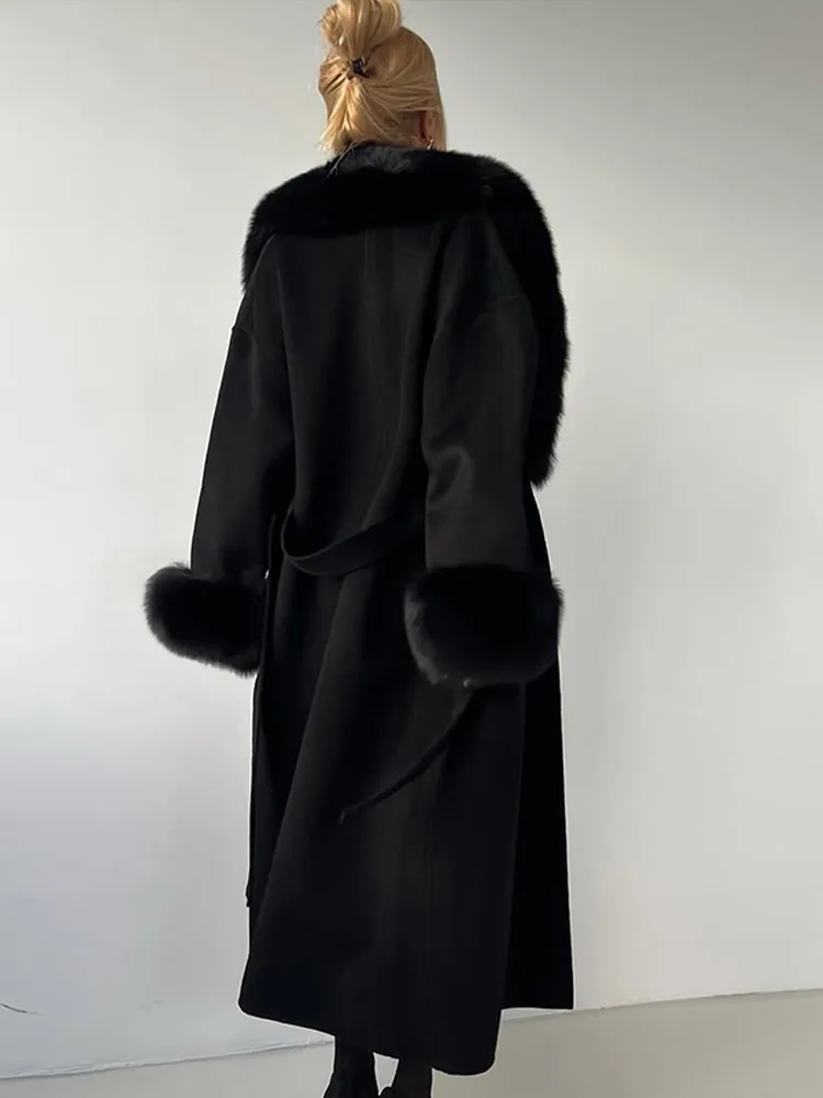 Retro Black Fur Patchwork Woolen Coat Women Chic Full Sleeve V-neck Lace Up Loose Overcoat 2025 Lady Winter Commute Outerwear - Image 6