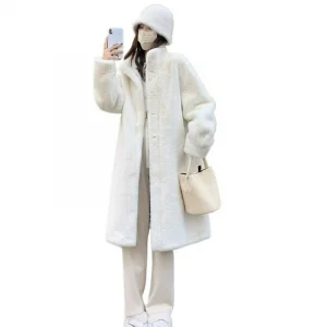 Women’s Eco-Friendly Fur Long Coat – Thickened Winter Overcoat with Stand Collar
