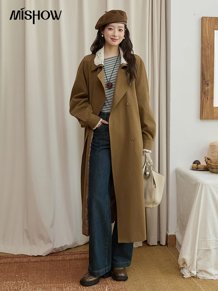 MISHOW Trench Coat Women 2025 Autumn Fashion Light Khaki Lace Long Windbreaker Jacket Long-sleeved Coat with Belt MXE45W0830 - Image 5