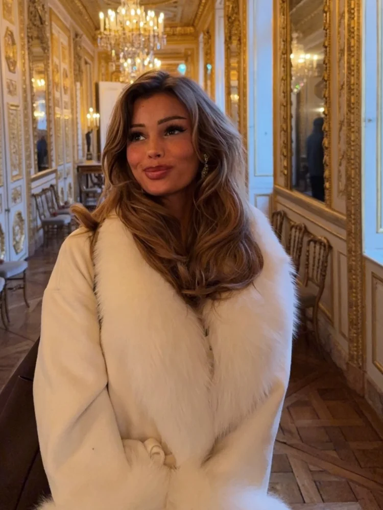 Retro Black Fur Patchwork Woolen Coat Women Chic Full Sleeve V-neck Lace Up Loose Overcoat 2025 Lady Winter Commute Outerwear - Image 3